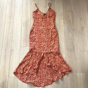 Pretty Little Thing Red Leopard Frill Hem Midi Dress Size 4